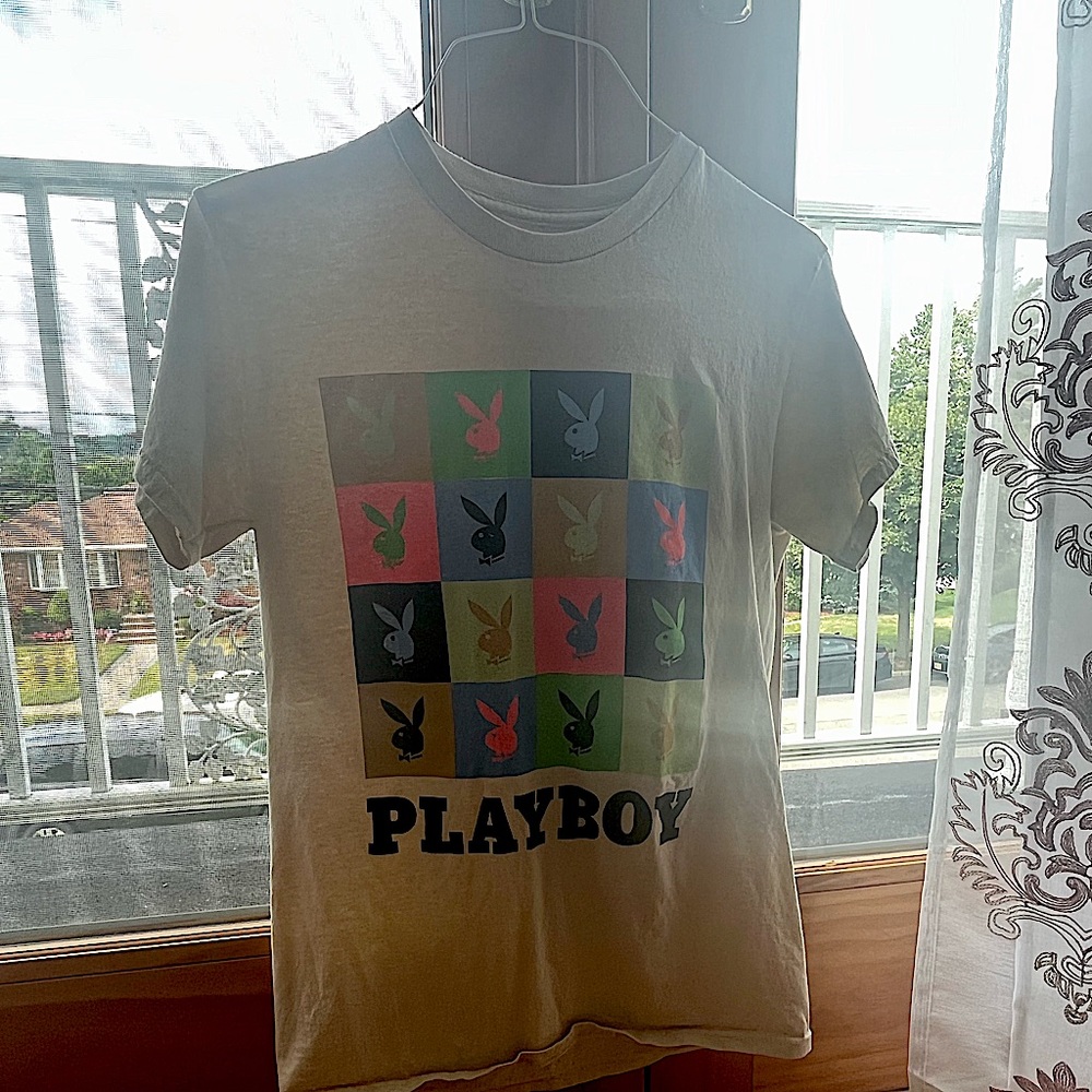 Playboy T-Shirt. Size small, color cream with design.